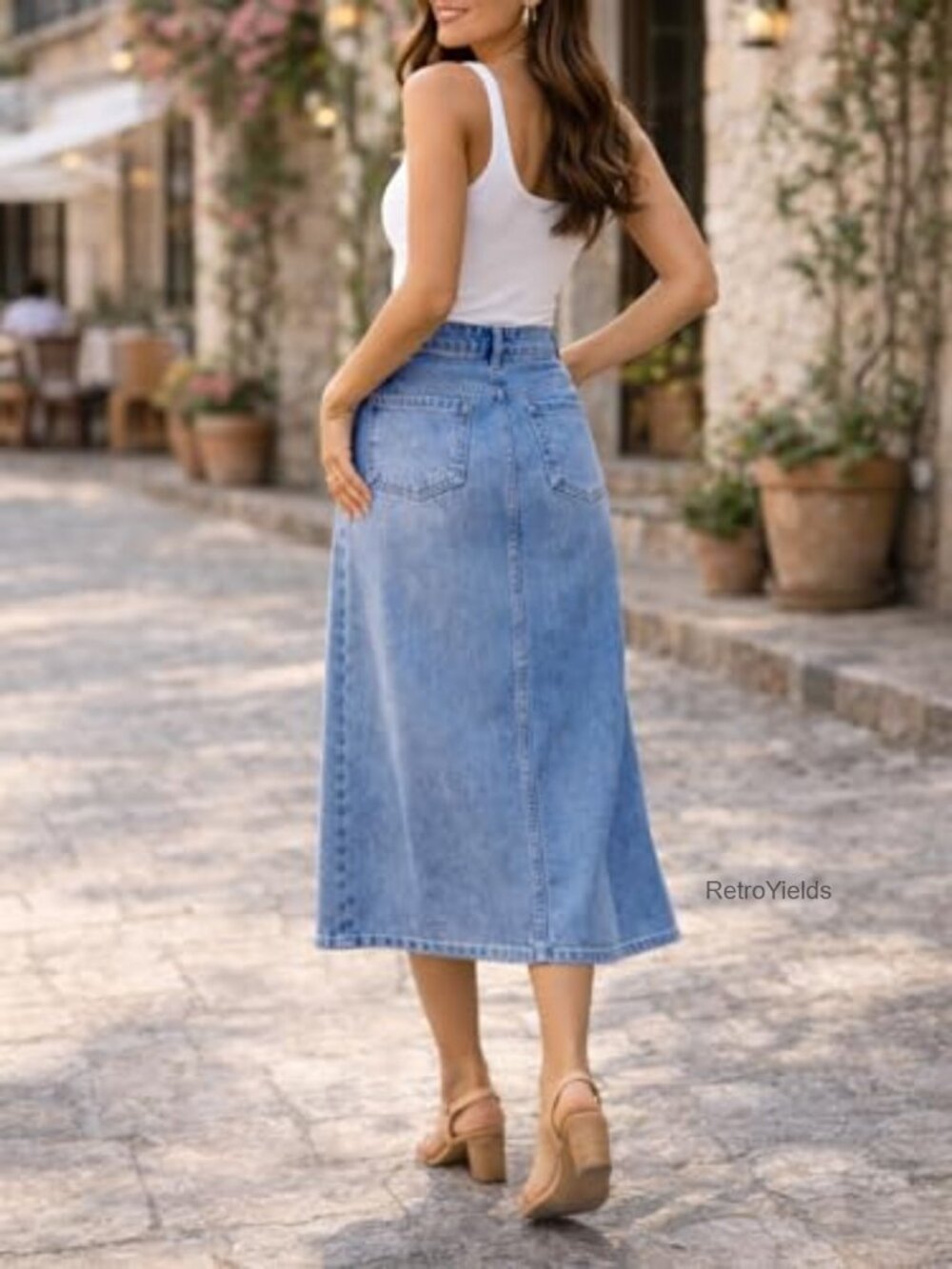 High Waist Denim Midi Skirt with Pockets Button Front Straight Casual - Picture 3 of 6